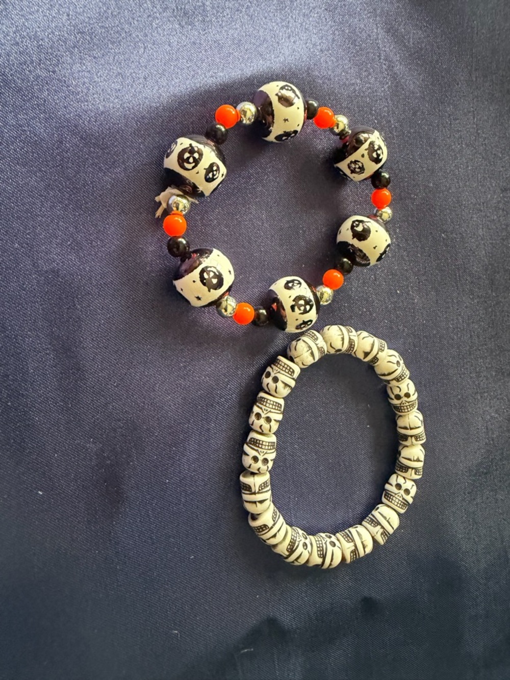 Skull Bead Stretch Bracelet Set - Black, Ivory & Orange